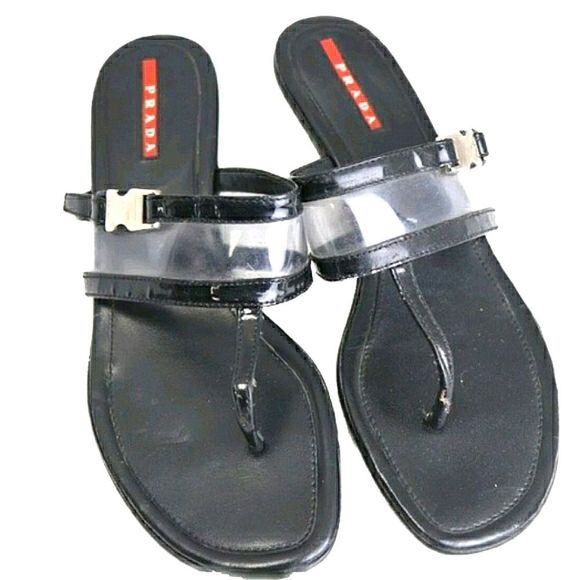 Prada Black Patent Leather Kitten Heel Thong 38 - Picture 1 of 7